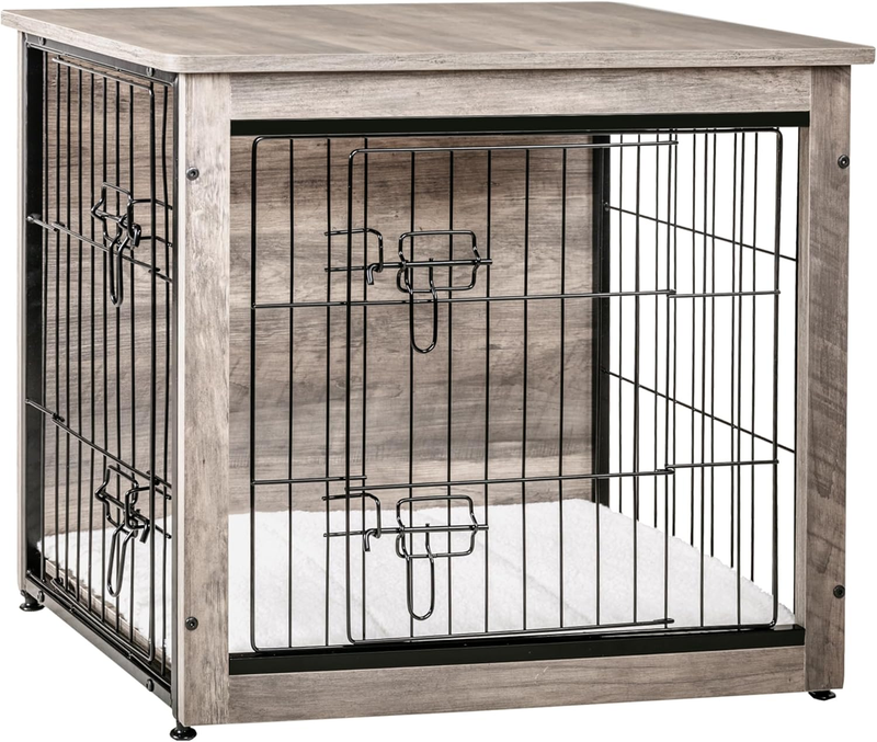 Dog Crate Furniture Table w/Cushion Wooden Kennel Double Door 27.2" Greige9