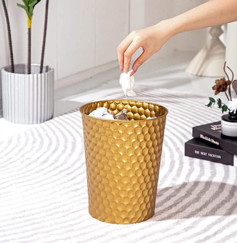 Small Metal Trash Can, Honeycomb Design, Decorative Waste Basket, Gold1