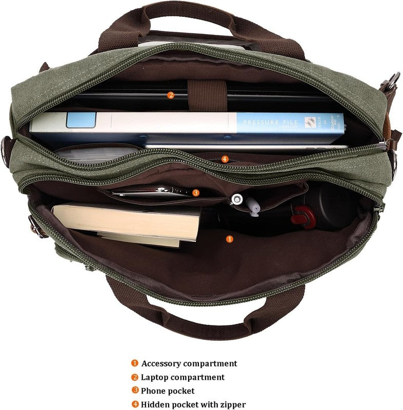 3 in 1 Canvas Laptop Bag 17.3 Inch Convertible Shoulder Travel Business Green5