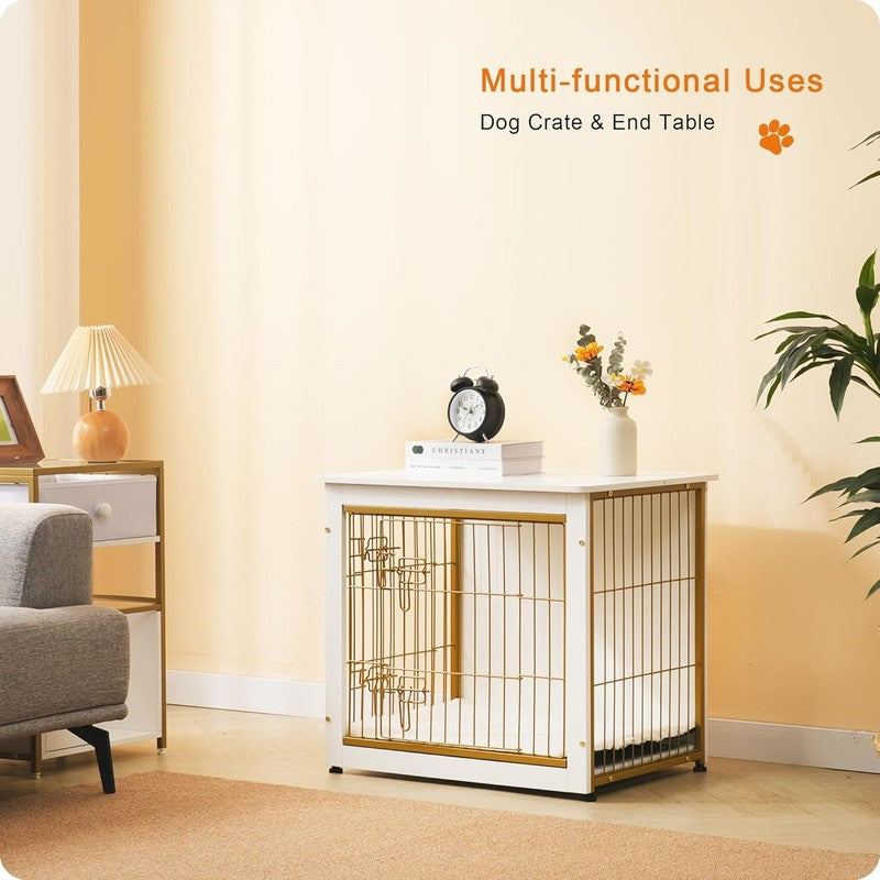 Dog Crate Furniture Table w/Cushion Wooden Kennel Double Door 27.2" White6