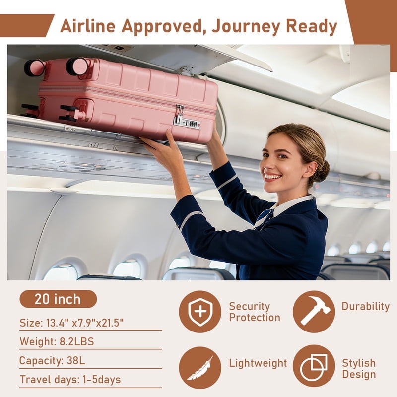 3 Piece 20" Carry On Luggage Set TSA Lock Spinner Wheels Duffel & Toiletry Pink1