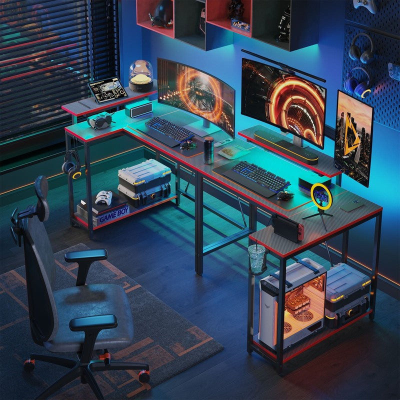 42" Reversible L-Shaped Gaming Desk LED with Monitor Stand & Headset Hooks6