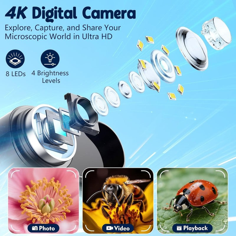 Kids 1000X Handheld Digital Microscope 4K 2.4" Display w/ 12 Slides – Orange2