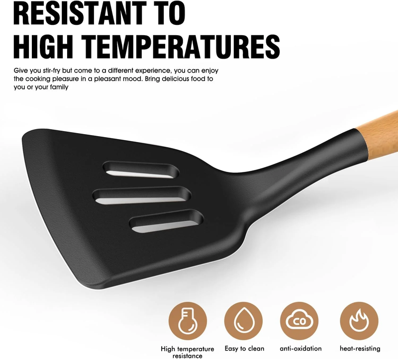 Silicone Kitchen Utensil Set Wooden Handle Holder Heat Resistant Black7