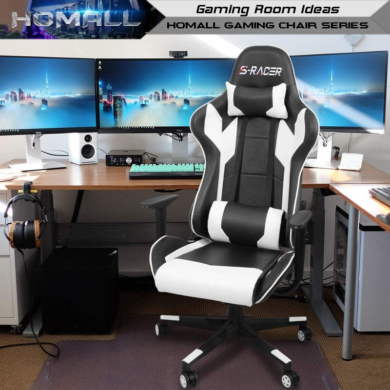 Ergonomic Gaming Chair with Headrest & Lumbar Support - White High Back Office C1