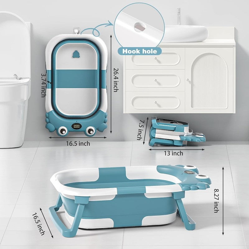 ollapsible Baby Bathtub Foldable w/ Thermometer Soft Cushion Blue2