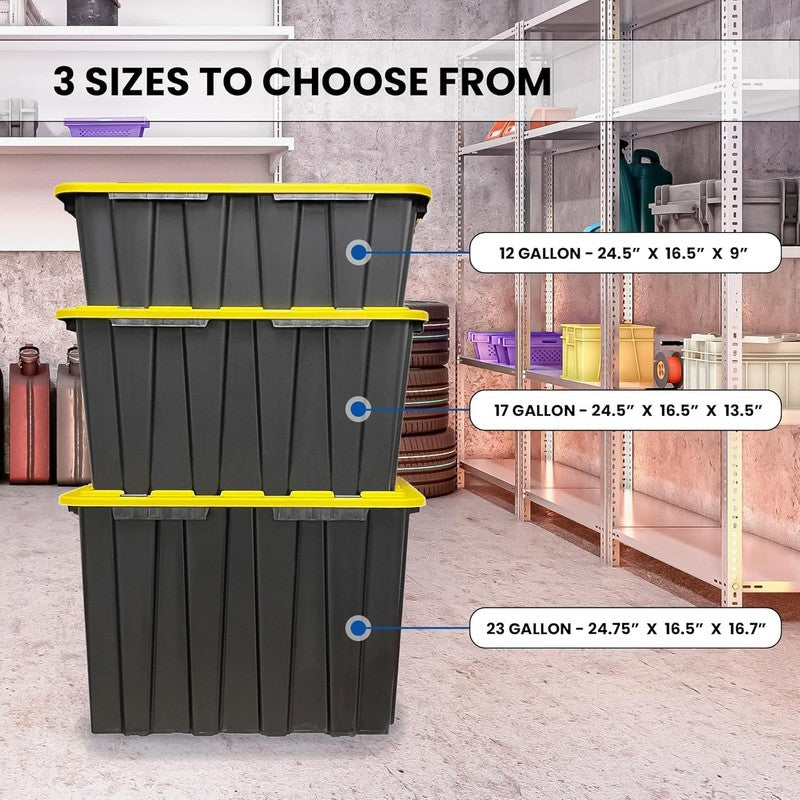 12Gal Black/Yellow Plastic Storage Bins w Lids Stackable 8 Pack Totes6