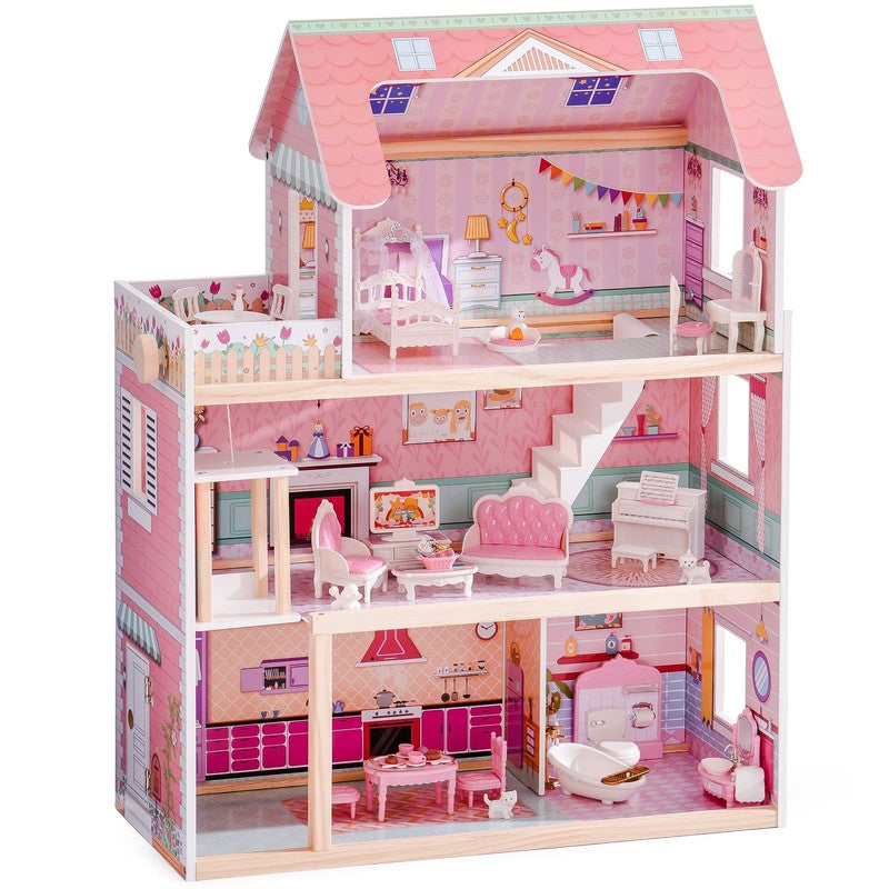 Wooden Dollhouse with 20Pcs Furniture 3 Storey Preschool Toy Dollhouse for Kids 7