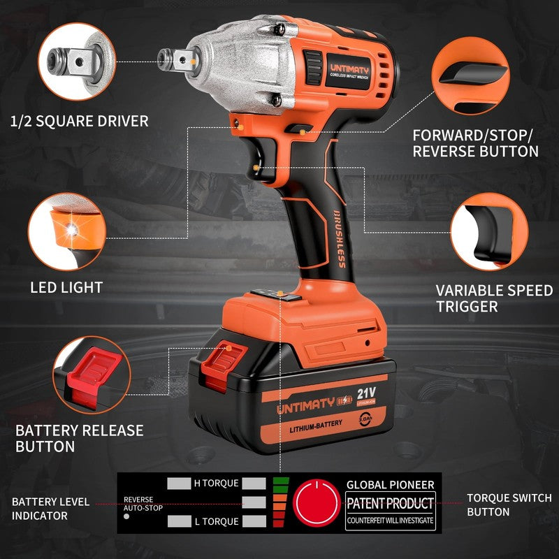 Cordless Impact Wrench 1/2 Inch 320Ft-Lbs Brushless with Battery Sockets1