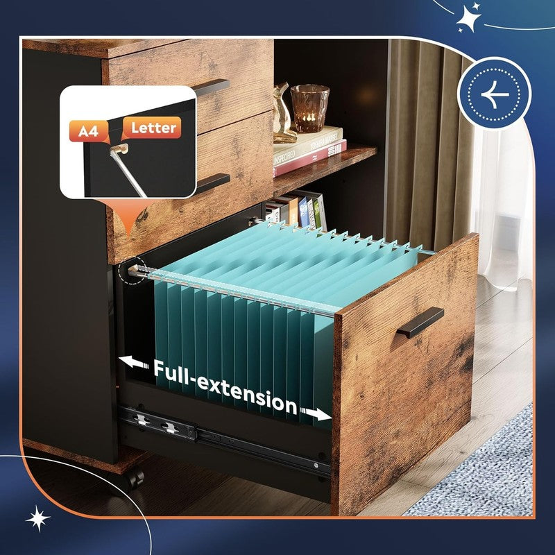 Rustic Brown 3-Drawer Mobile File Cabinet & Printer Stand with Open Shelves3