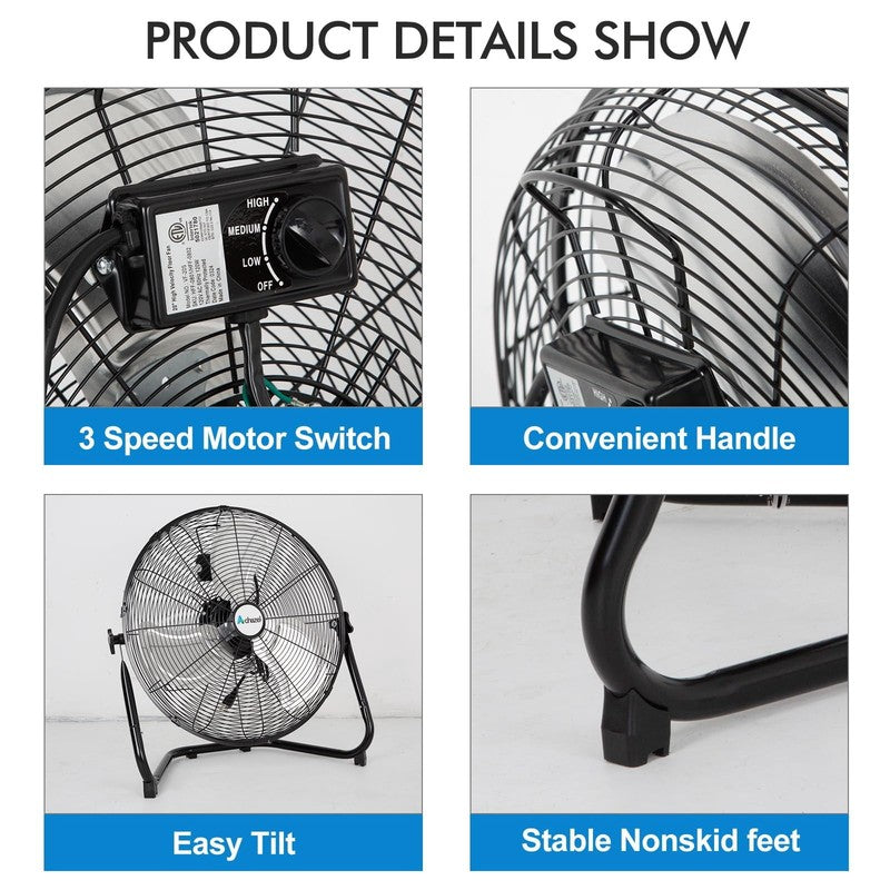 20in High Velocity Floor Fan 3 Speed 4650CFM Industrial Metal Shop Fan Wall Moun3