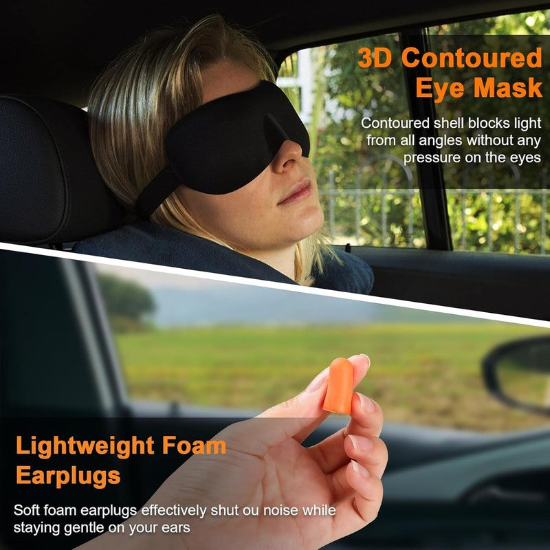Hooded Memory Foam Travel Neck Pillow w/ Eye Mask & Earplugs – Light Gray4