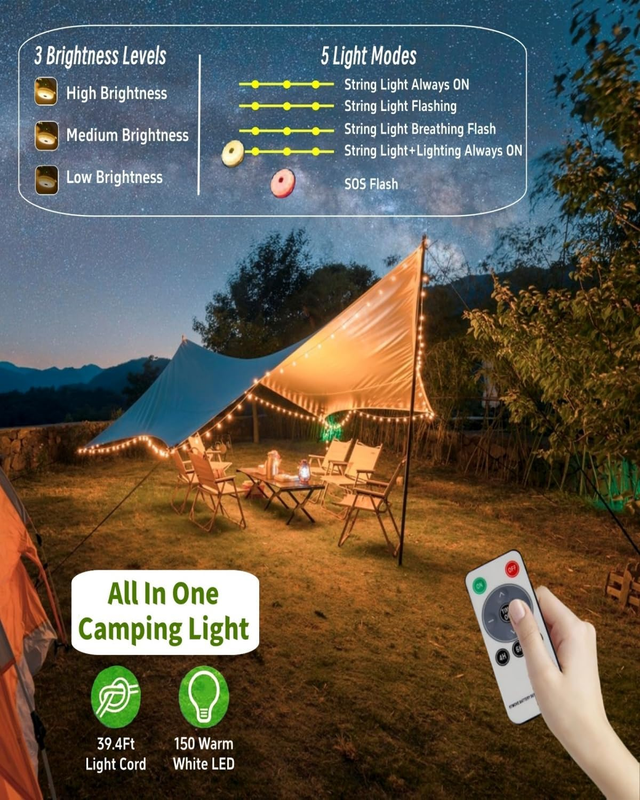 Solar Camping String Lights 39.4ft Waterproof Tent Lantern 8 Modes3