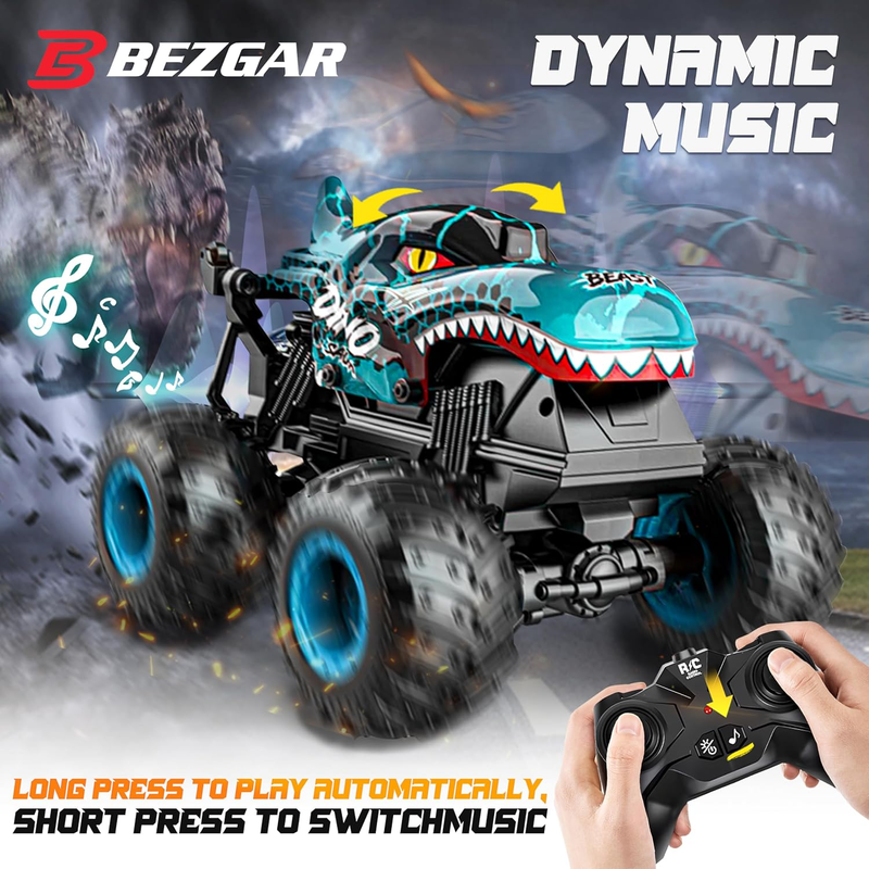 RC Monster Truck Toy Dinosaur Car 1:20 Scale Light Music 360° Spin 2 Shells4