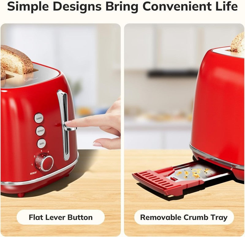 Retro 2 Slice Toaster Red - Wide Slot, Bagel, Defrost, 6 Shade, Crumb Tray4