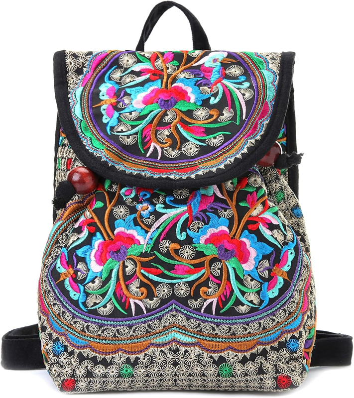 Women Embroidered Backpack Boho Floral Mini Travel Shoulder Bag Lightweight Red28