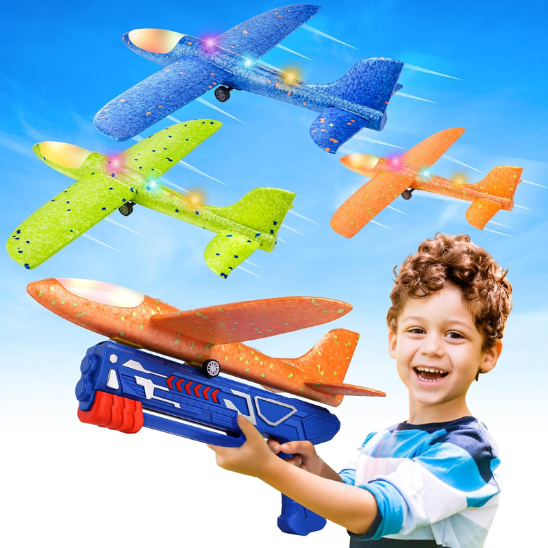 3 Pack LED Foam Airplane Launcher Toys 2 Flight Modes Outdoor Flying Kids11
