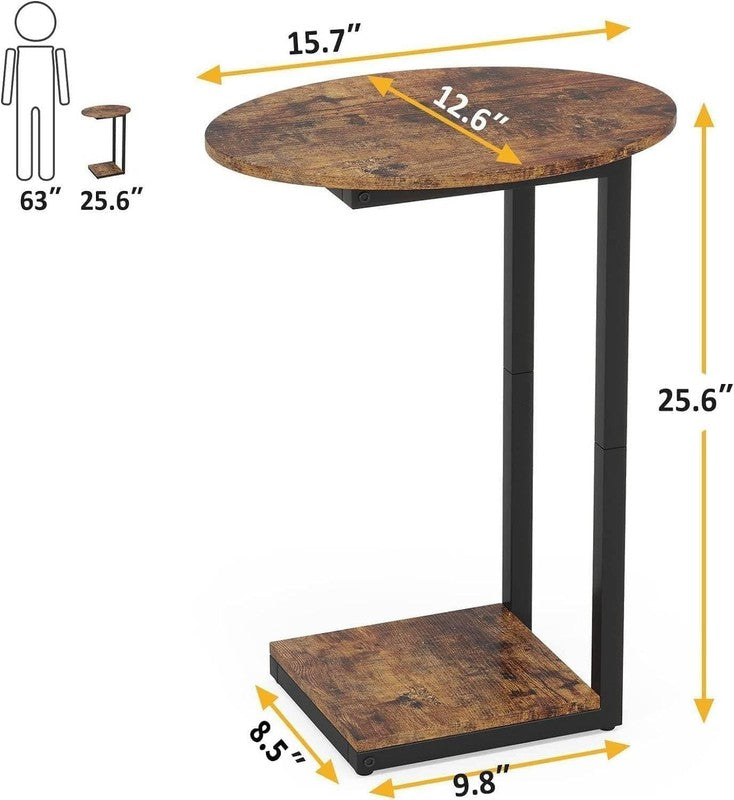 Rustic Brown C Shaped Side End Table Wood Sofa Table Metal Frame1