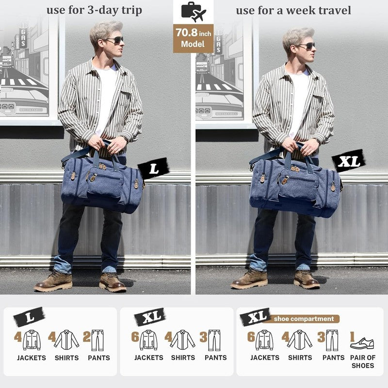 Canvas Duffle Bag for Travel 50L Expandable Duffel Overnight Bag Men (Blue)5