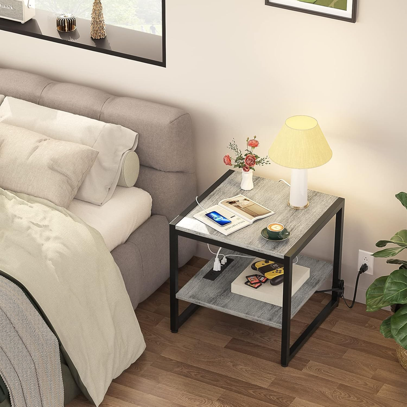End Table with Charging Station, 20 Inch Square Side Table with USB Ports & Powe4