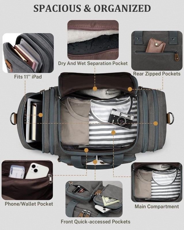 Expandable 60L Canvas Duffle Bag Grey Travel Gym Weekender Carry On4