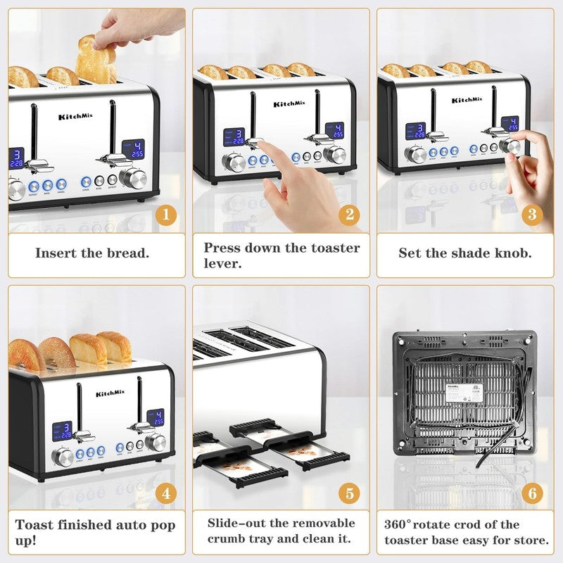 4 Slice Toaster Black - Stainless Steel, LCD Timer, Wide Slots, Dual Display5