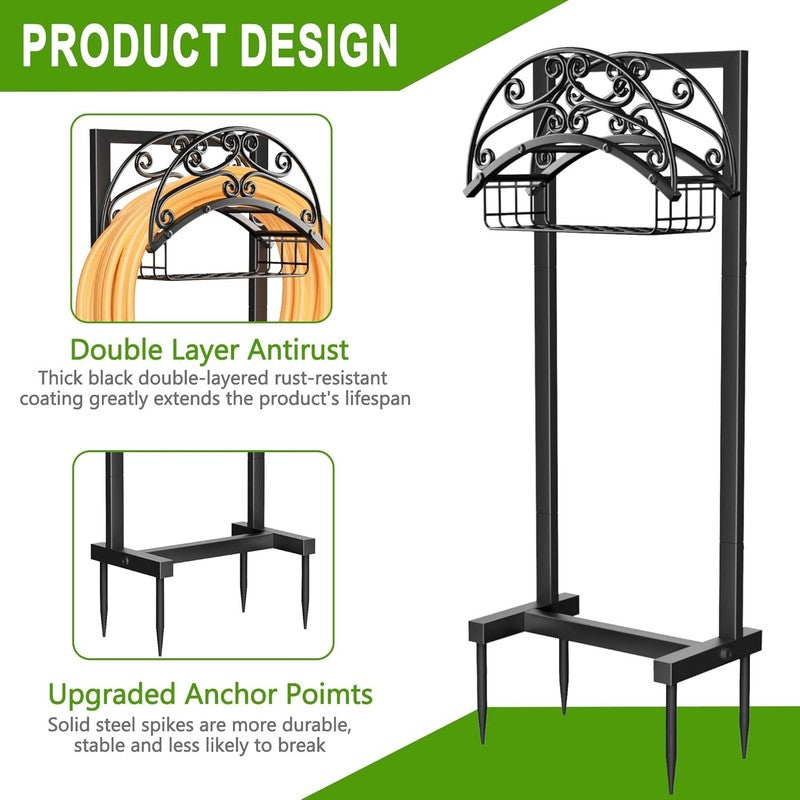 Garden Hose Holder   Upgraded Water Hose Holder Stand with Storage Basket Holds 1
