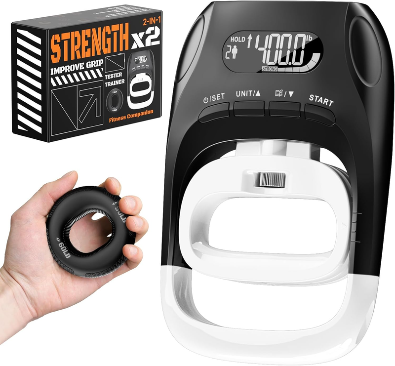 2 in 1 Grip Strength Tester & Trainer, 400Lb LCD Dynamometer + Ring Set0