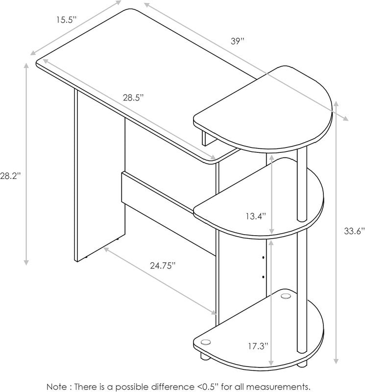 Compact Computer Desk with Shelves, round Side, Columbia Walnut/Black2