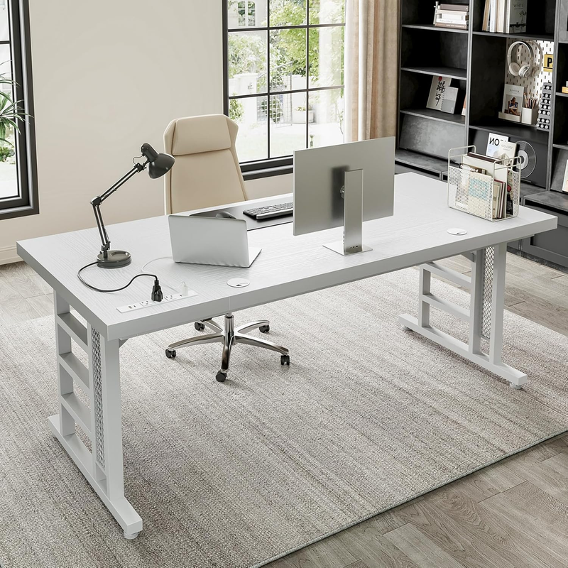71" Executive Desk w/ USB Ports Large Modern Office Table White9