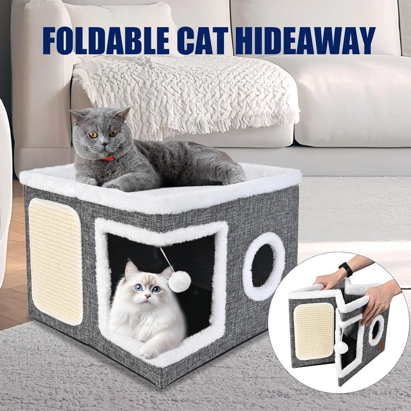 Cat Cave Bed for Indoor Cats – Foldable Cat House with Scratch Pad Grey4