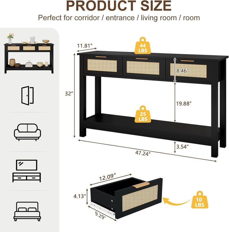 47'' Black Entryway Console Table 3 Rattan Drawers Open Shelf Sofa Table2