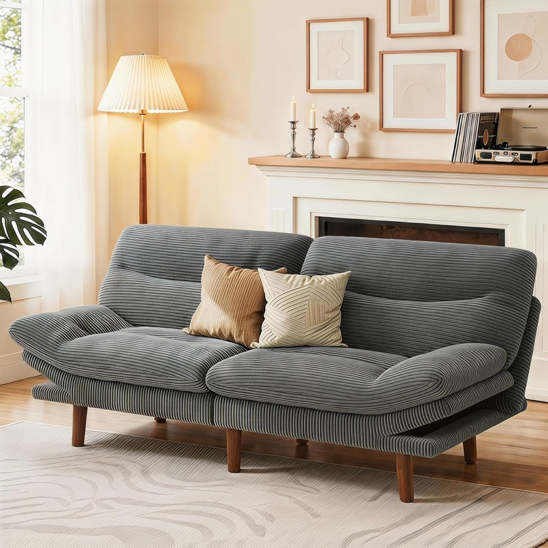 66in Futon Sofa Bed Convertible Corduroy Sleeper Loveseat Adjustable Light Gray9