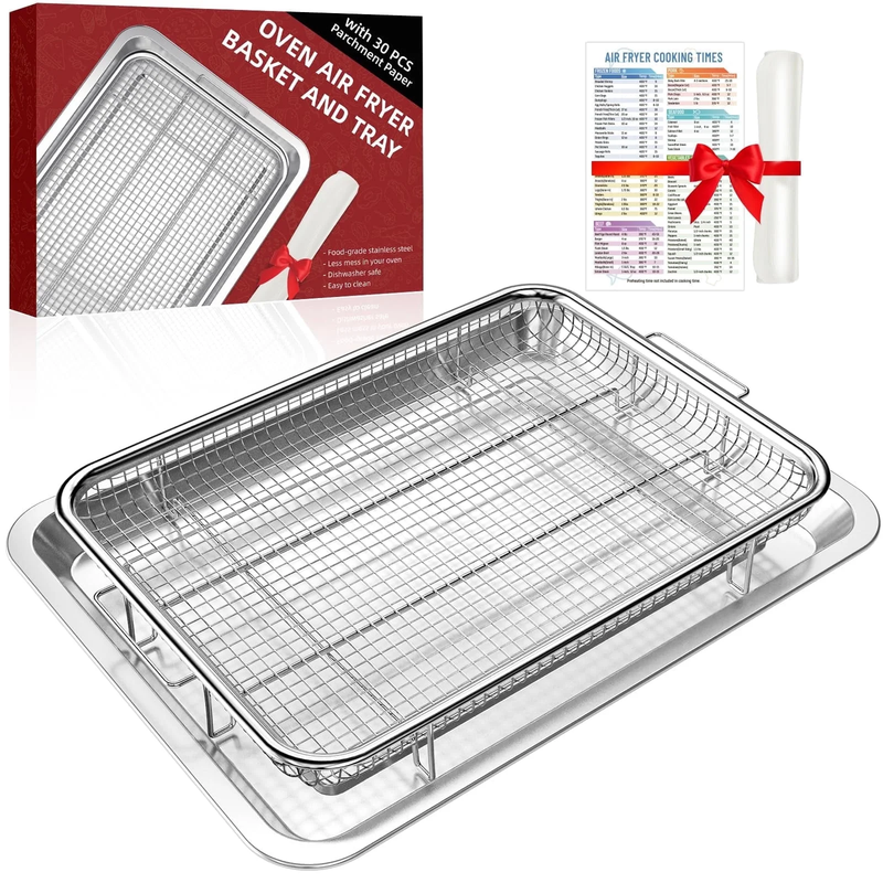 2 Pack Air Fryer Basket Tray for Oven Stainless Steel w/30 Parchment 15.60