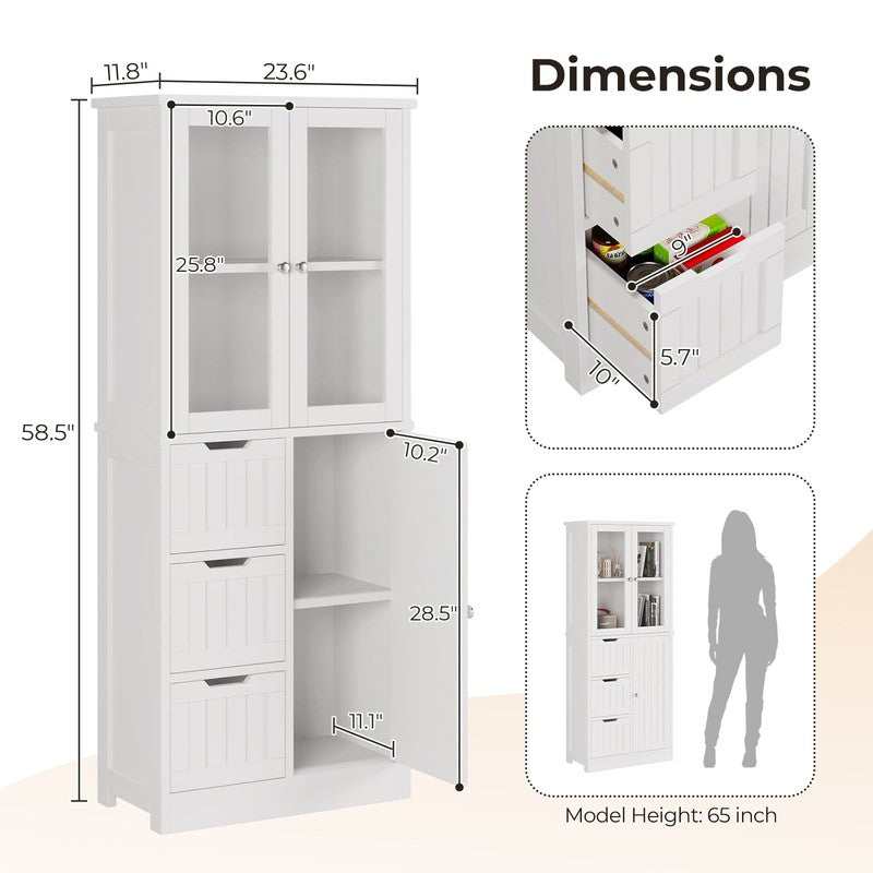Bathroom Storage Cabinet Wooden W/ 4 Drawers & 3 Doors Glass Doors, MDF Freestan1