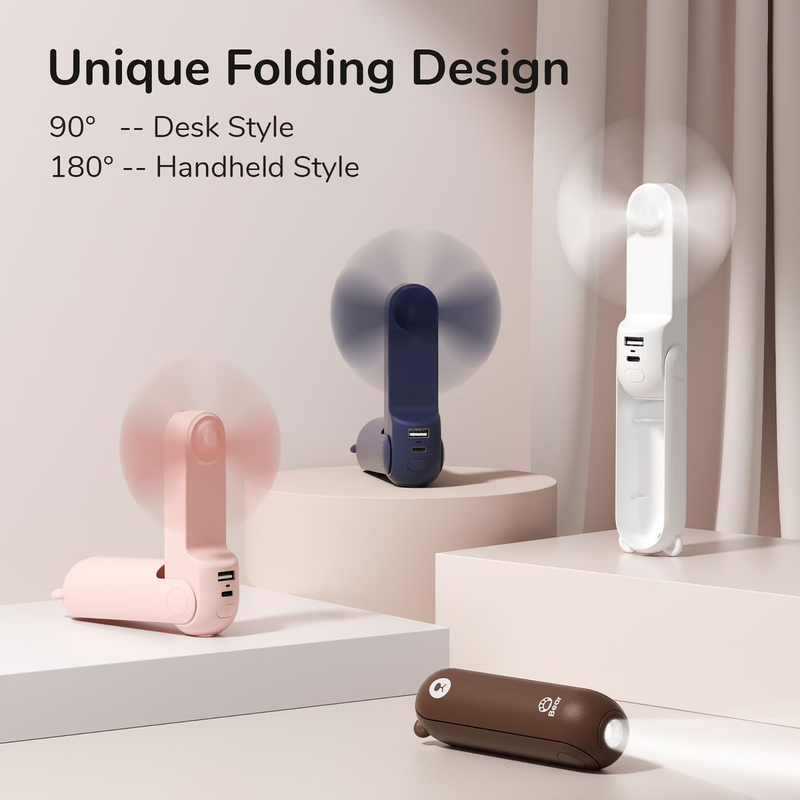 Portable Mini Fan Rechargeable Handheld 3 in 1 Pocket Fan Power Bank Brown2