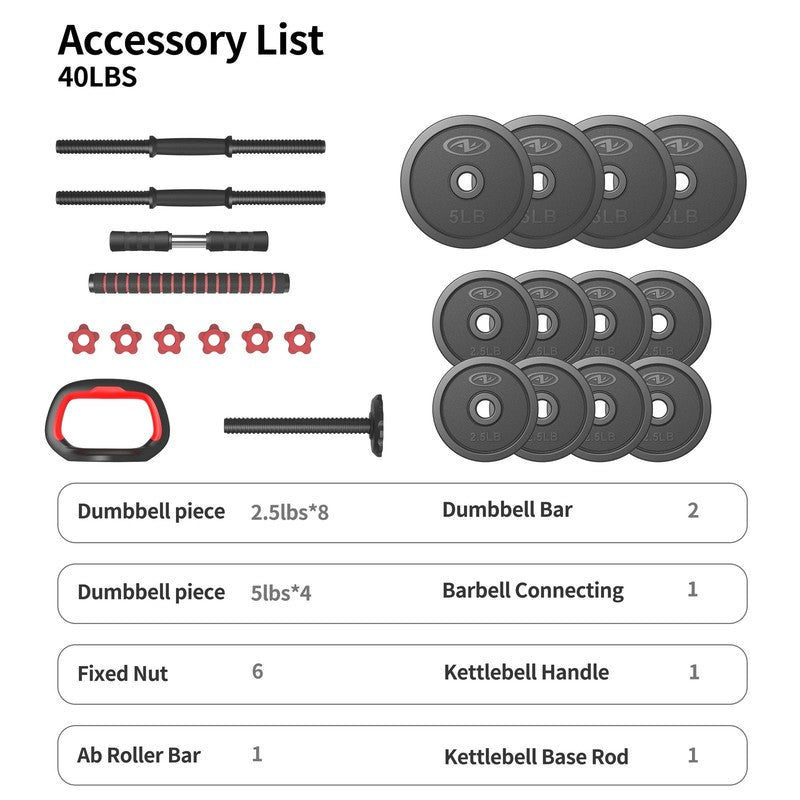 40LB 5 in 1 Adjustable Dumbbell Set , Fitness Exercises for Home Gym, Black, 1-I4