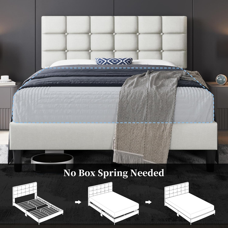 Upholstered Full Bed Frame Tufted Headboard Adjustable Wood Slats Beige Platform8