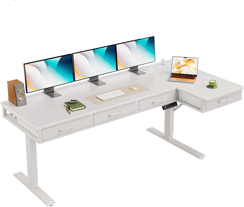 63" L Shaped Electric Standing Desk w/ Drawers Power Outlets Sit Stand White10