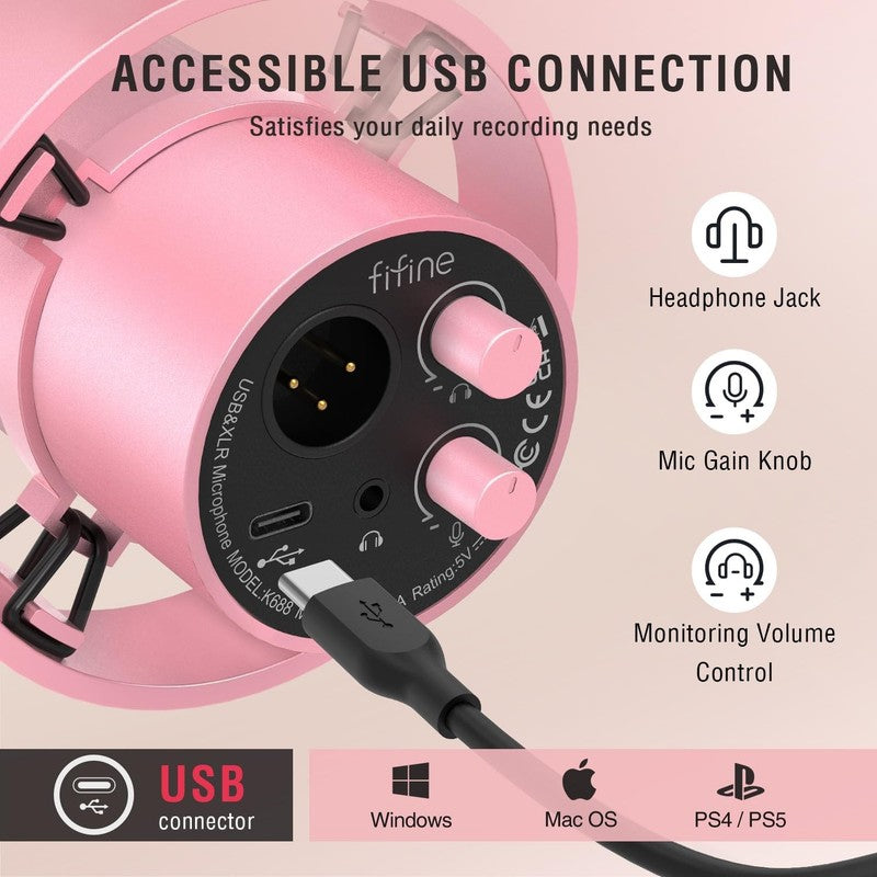 USB/XLR Dynamic Podcast Microphone Studio Mic w/ Mute Gain Monitor K688 Pink3