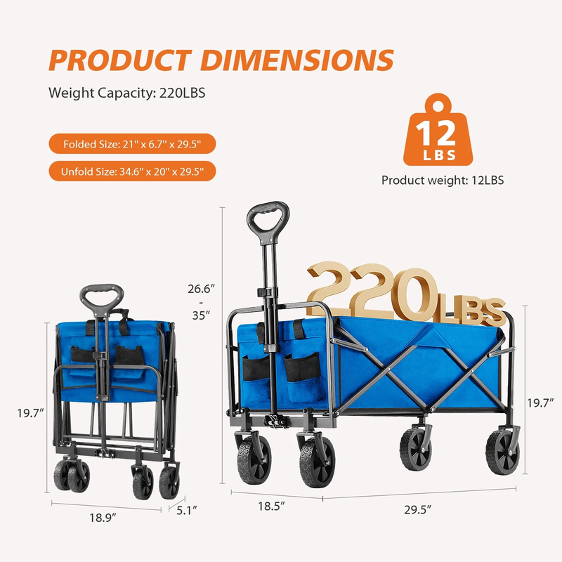 Foldable Cargo Wagon 220LBS, 360° All Terrain Wheels, Blue   One Pack4
