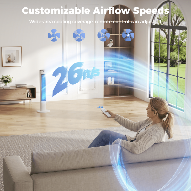 Tower Fan, 40" Electric Fan for Bedroom, 90° Oscillating Stand Fan with Remote, 2