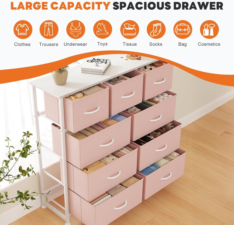 9 Drawer Fabric Dresser Storage Tower Steel Frame Wood Top Pink5