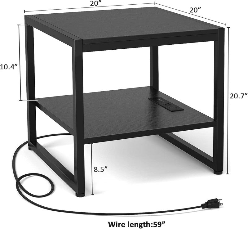 End Table with Charging Station 2 Tier Shelf Mini Fridge Stand Black2