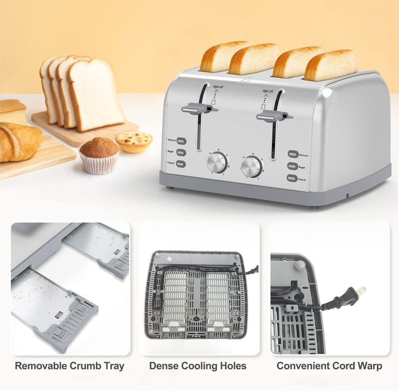 Retro 4 Slice Stainless Steel Toaster T-527 - Wide Slot, 7 Shades, Bagel, Waffle6