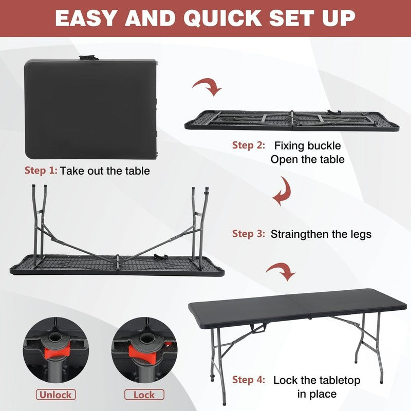 6 FT Folding Half Portable Table White/Black 70x29 Party Backyard Event5