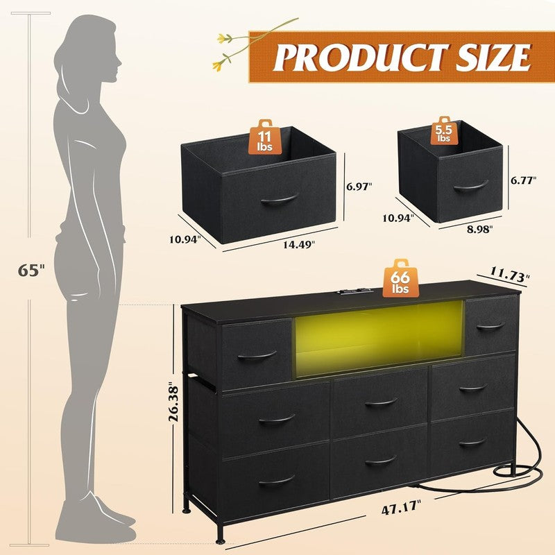 Black TV Stand Dresser LED Lights Charging Station 8 Fabric Drawers Shelf8