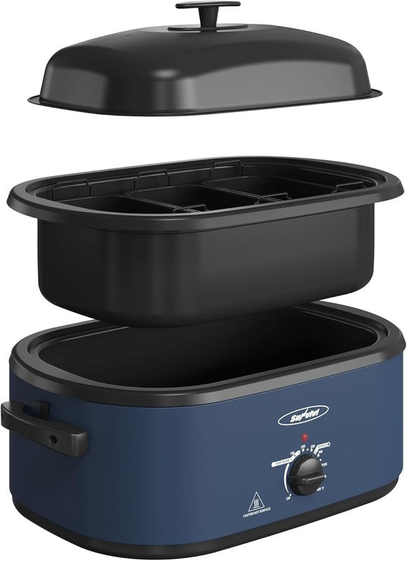 20Qt Electric Roaster Oven Stainless Steel Blue 3-Compartment Turkey Rack8