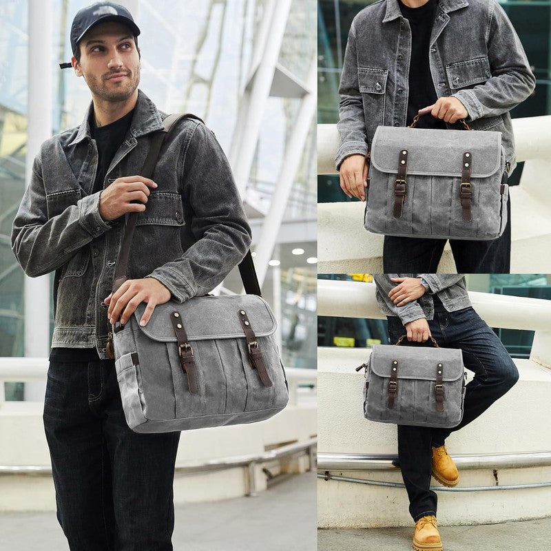 Men's 15.6" Vintage Canvas Leather Laptop Messenger Bag Light Gray Satchel1