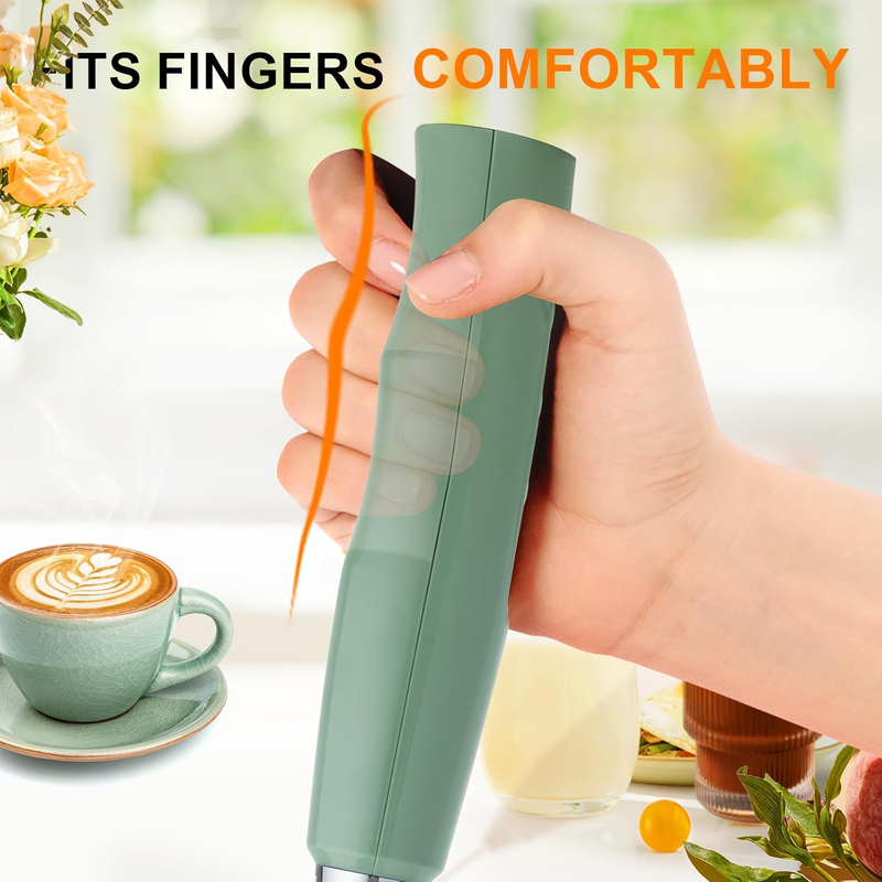 Milk Frother Handheld Rechargeable 3 Speed 3 Heads Coffee Whisk Green4
